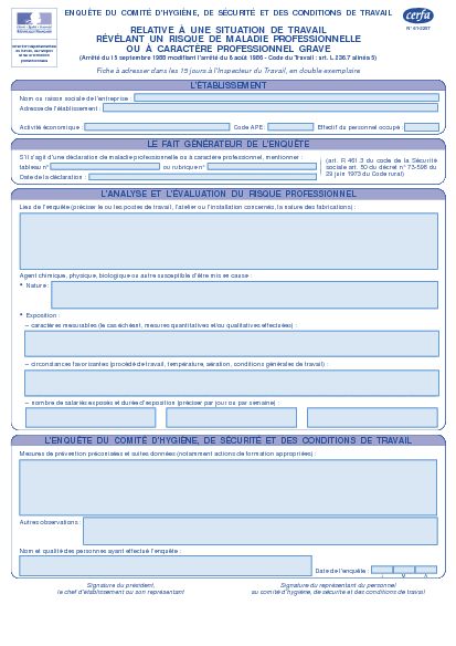 Aperçu Formulaire Cerfa No 12760-01 : Enquête du comité d'hygiène, de sécurité et des conditions de travail relative à une situation de travail révélant un risque de maladie professionnel ou à caractère professionnel grave