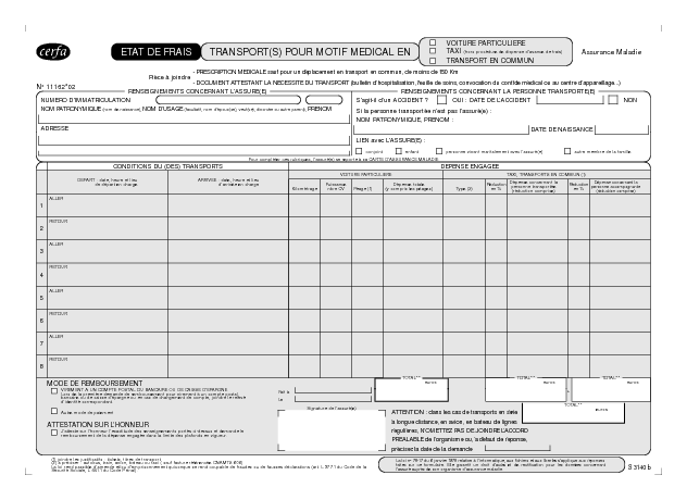 Aperçu Formulaire Cerfa No 11162-02 : Etat de frais - Transport(s) pour motif médical en voiture particulière, taxi ou transport en commun