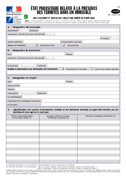 Aperçu Formulaire Cerfa No 12011-01 : Etat parasitaire relatif à la présence des termites dans un immeuble