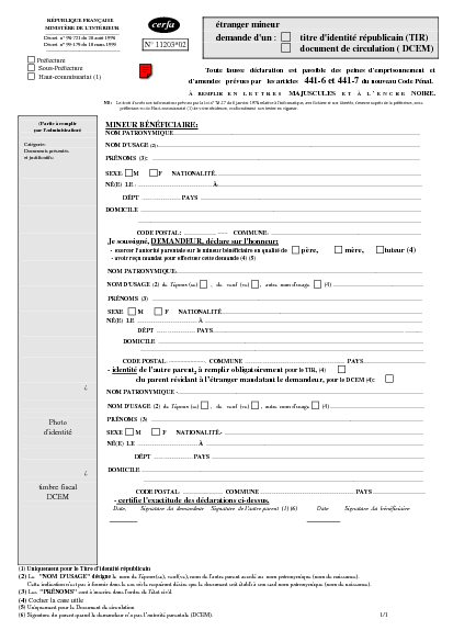 Aperçu Formulaire Cerfa No 11203-02 : Etranger mineur - Demande d'un titre d'identité républicain (TIR) ou d'un document de circulation (DCEM)