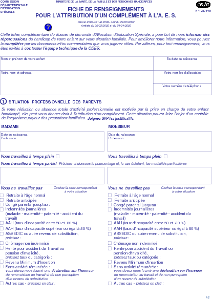 Aperçu Formulaire Cerfa No 12274-01 : Fiche de renseignements pour l'attribution d'un complément à l'AES