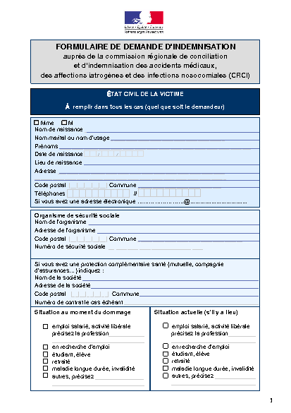 Aperçu Formulaire Cerfa No 12245-03 : Formulaire de demande d'indemnisation auprès de la commission régionale de conciliation et d'indemnisation des accidents médicaux, des affections iatrogènes et des infections nosocomiales (CRCI)