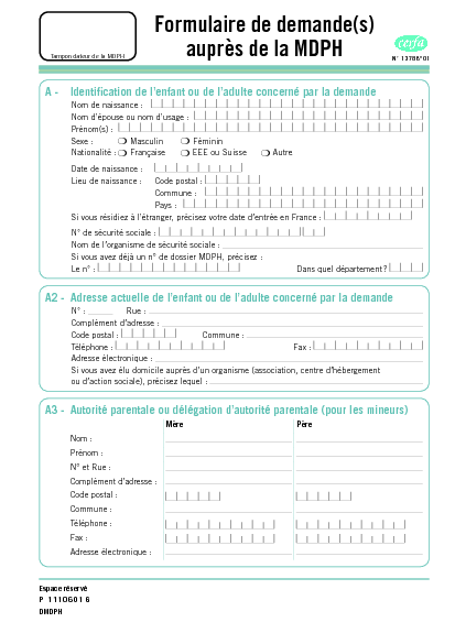 Aperçu Formulaire Cerfa No 13788-01 : Formulaire de demande(s) auprès de la MDPH