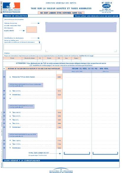 Aperçu Formulaire Cerfa No 10960-22 : Imprimé 3310-A Taxe sur la Valeur Ajoutée et Taxes assimilées