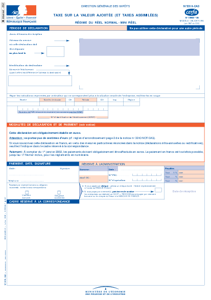 Aperçu Formulaire Cerfa No 10963-18 : Imprimé 3310 Tave Valeure Ajoutée (et taxes assimilées) - régime du réel normal - mini réel