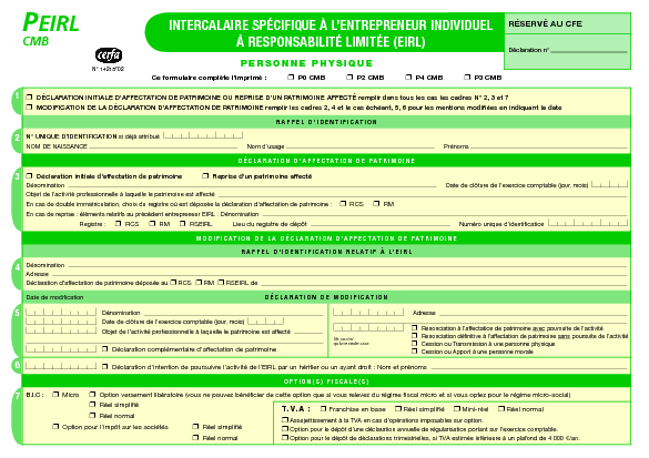 Aperçu Formulaire Cerfa No 14215-02 : Intercalaire spécifique à l'entrepreneur individuel à responsabilité limitée (EIRL)