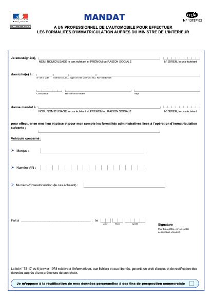 Aperçu Formulaire Cerfa No 13757-02 : Mandat à un professionnel de l'automobile pour effectuer les formalités d'immatriculation