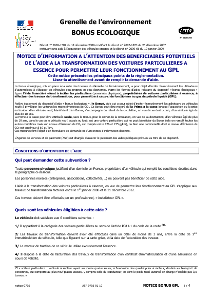 Aperçu Formulaire Cerfa No 51243-03 : Notice d'information à l'attention des bénéficiaires potentiels de l'aide à la transformation des voitures particulières à essence pour permettre leur fonctionnement au GPL