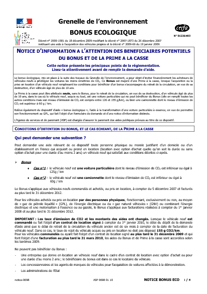 Aperçu Formulaire Cerfa No 51236-07 : Notice d'information à l'attention des bénéficiaires potentiels du bonus et de la prime à la casse