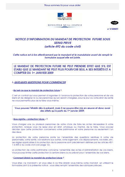 Aperçu Formulaire Cerfa No 51226-01 : Notice d'information du mandat de protection future sous seing privé