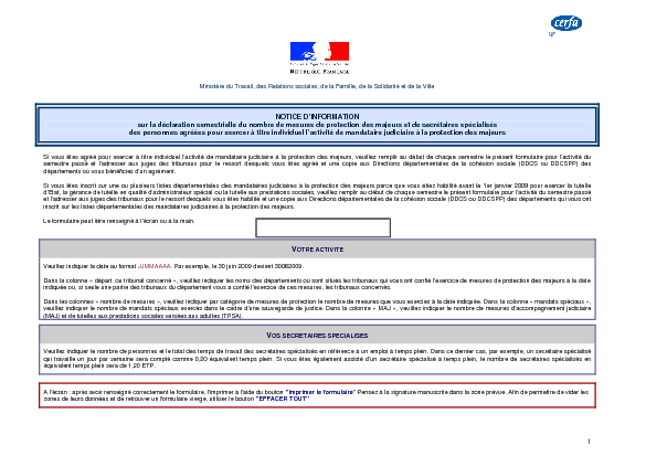 Aperçu Formulaire Cerfa No 51375-02 : Notice d'information sur la déclaration semestrielle du nombre de mesures de protection des majeurs