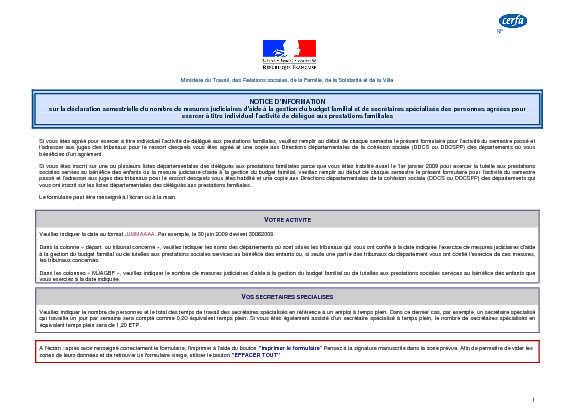 Aperçu Formulaire Cerfa No 51374-02 : Notice de la déclaration semestrielle du nombre de mesures judiciaires daide à la gestion du budget familial