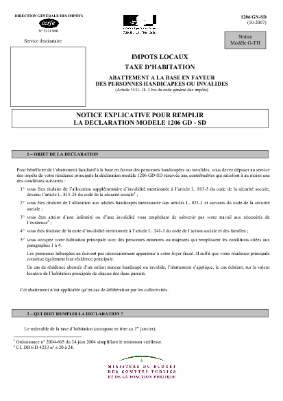 Aperçu Formulaire Cerfa No 51215-01 : Notice de la demande d'abattement à la base en faveur des personnes handicapées ou invalides 2008