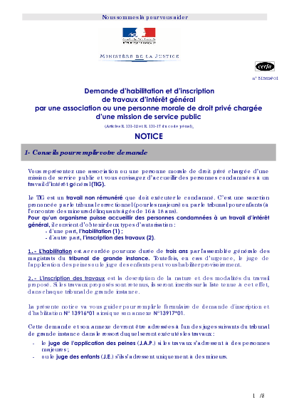 Aperçu Formulaire Cerfa No 51369-01 : Notice de la demande d'habilitation et d'inscription de travaux d'intérêt général par une association ou une personne morale de droit privé chargée d'une mission de service public