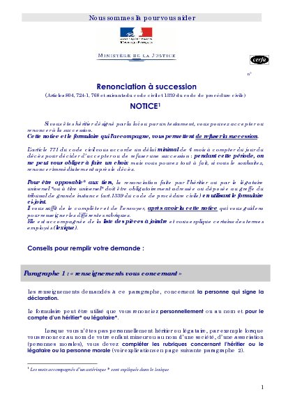 Aperçu Formulaire Cerfa No 51411-01 : Notice de la renonciation à succession