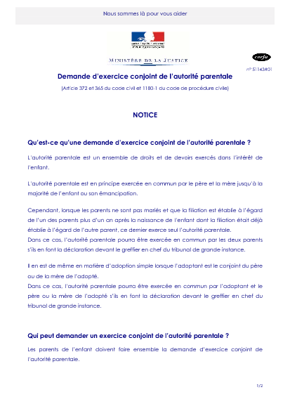 Aperçu Formulaire Cerfa No 51143-01 : Notice demande d'exercice conjoint de l'autorité parentale