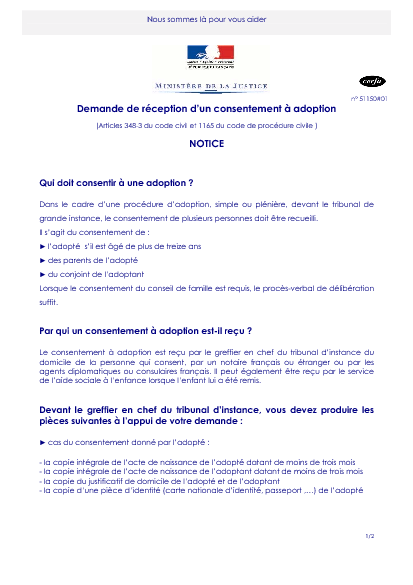 Aperçu Formulaire Cerfa No 51150-01 : Notice demande de réception d'un consentement à l'adoption