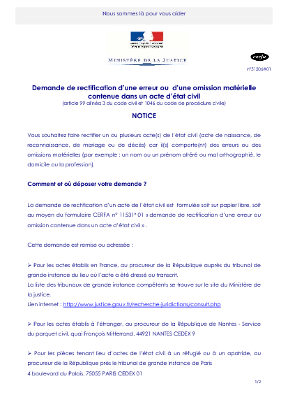 Aperçu Formulaire Cerfa No 51206-01 : Notice demande de rectification d'une erreur ou d'une omission matérielle contenue dans un acte d'état civil