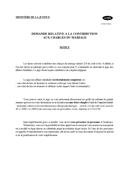 Aperçu Formulaire Cerfa No 50717-01 : Notice demande relative à la contribution aux charges du mariage