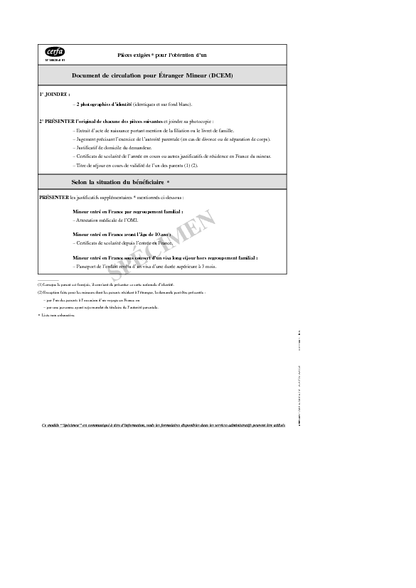 Aperçu Formulaire Cerfa No 50626-01 : "Notice des pièces exigées pour le formulaire "Etranger mineur - Demande d'un titre d'identité républicain (TIR) ou d'un document de circulation (DCEM)""