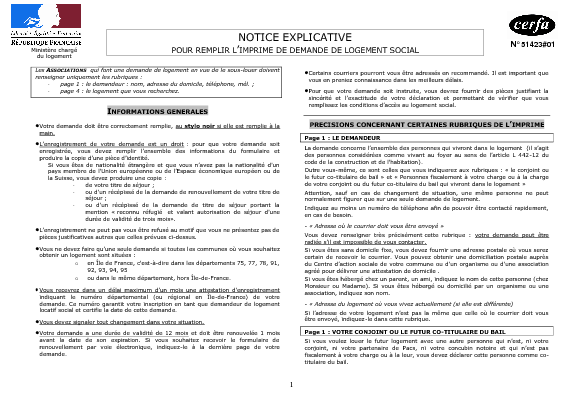 Aperçu Formulaire Cerfa No 51423-01 : Notice explicative du formulaire de demande de logement social