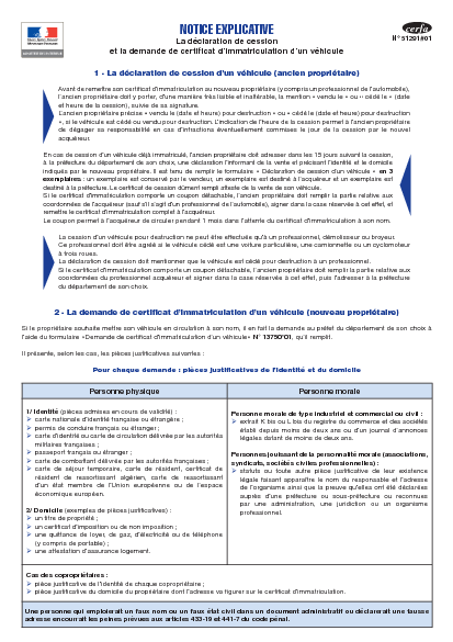 Aperçu Formulaire Cerfa No 51291-01 : Notice explicative la déclaration de cession et la demande de certificat d'immatriculation