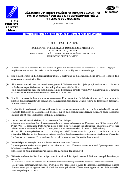 Aperçu Formulaire Cerfa No 50013-01 : Notice explicative pour remplir la déclaration daliéner ou la demande dacquisition dun bien soumis à lun des droits de préemption prévus par le Code de lurbanisme