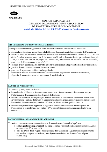 Aperçu Formulaire Cerfa No 50896-01 : Notice explicative sur la demande d'agrement association environnement