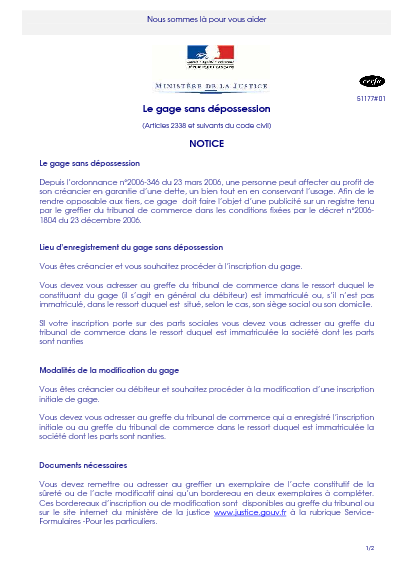 Aperçu Formulaire Cerfa No 51177-01 : Notice le gage sans dépossession