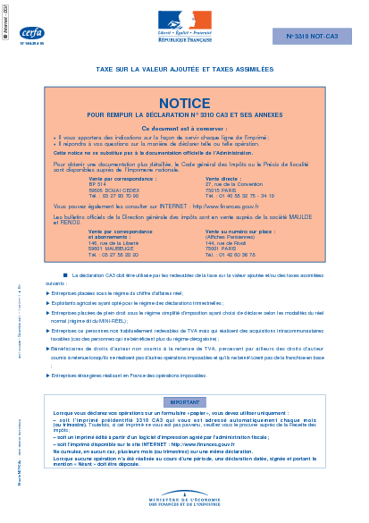 Aperçu Formulaire Cerfa No 50449-05 : Notice pour remplir la déclaration n°3310 CA3 et ses annexes