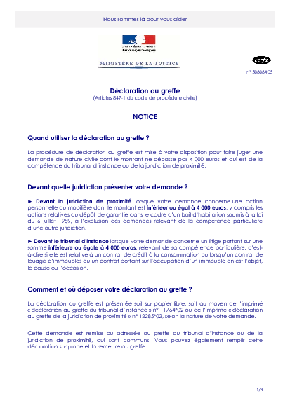 Aperçu Formulaire Cerfa No 50808-05 : Notice relative à la déclaration au greffe