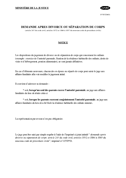 Aperçu Formulaire Cerfa No 50720-01 : Notice relative à la demande après divorce ou séparation de corps