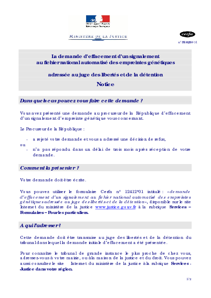 Aperçu Formulaire Cerfa No 51023-01 : Notice relative à la demande deffacement dun signalement au fichier national automatisé des empreintes génétiques adressée au juge des libertés et de la détention