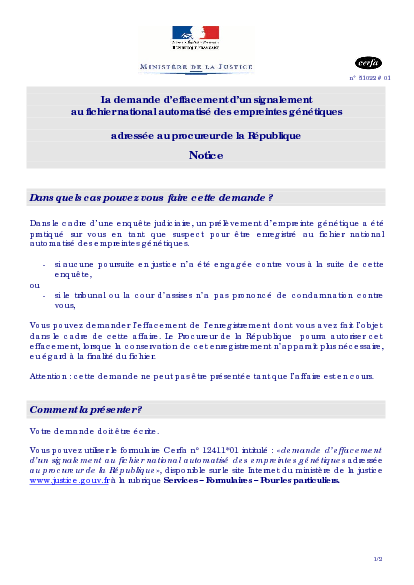 Aperçu Formulaire Cerfa No 51022-01 : Notice relative à la demande d'effacement d'un signalement au fichier national automatisé des empreintes génétiques adressée au Procureur de la République