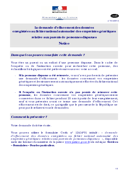 Aperçu Formulaire Cerfa No 51025-01 : Notice relative à la demande d'effacement des données enregistrées au fichier national automatisé des empreintes génétiques relatives aux parents de personnes disparues