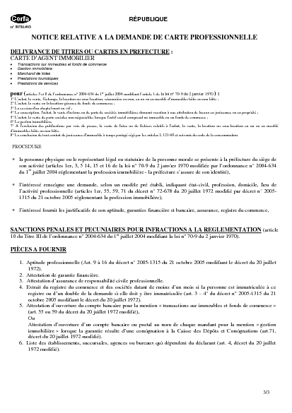 Aperçu Formulaire Cerfa No 50781-03 : Notice relative à la demande de carte professionnelle (délivrance de titres ou cartes en préfecture/carte d'agent immobilier)