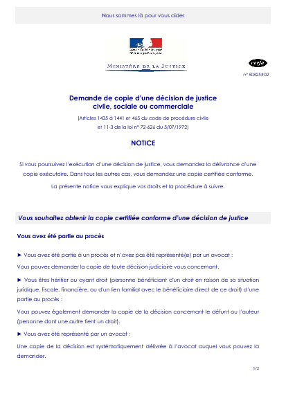 Aperçu Formulaire Cerfa No 50825-02 : Notice relative à la demande de copie d'une décision de justice civile, sociale ou commerciale