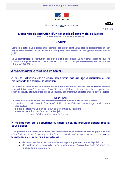 Aperçu Formulaire Cerfa No 51211-01 : Notice relative à la demande de restitution d'un objet place sous main de justice