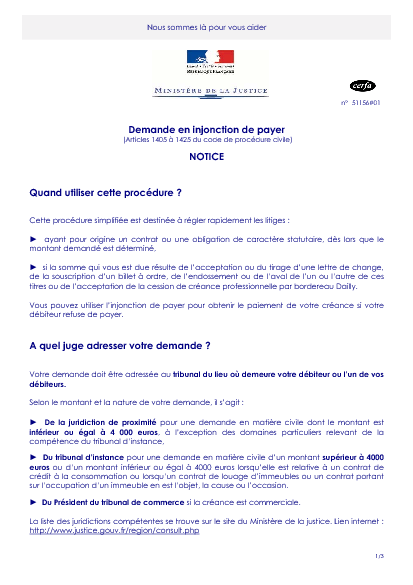 Aperçu Formulaire Cerfa No 51156-01 : Notice relative à la demande en injonction de payer