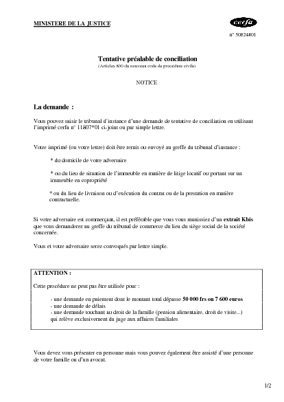 Aperçu Formulaire Cerfa No 50824-01 : Notice relative à la tentative préalable de conciliation