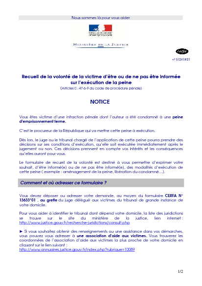 Aperçu Formulaire Cerfa No 51241-01 : Notice relative au recueil de la volonté de la victime d'être ou de ne pas être informée sur l'exécution de la peine