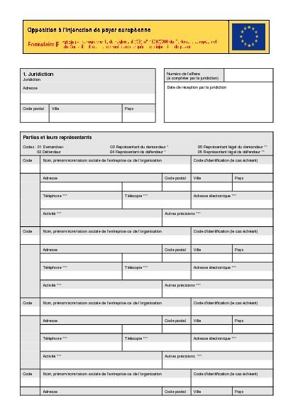 Aperçu Formulaire Cerfa No 0003-01 : Opposition à l'injonction de payer européenne