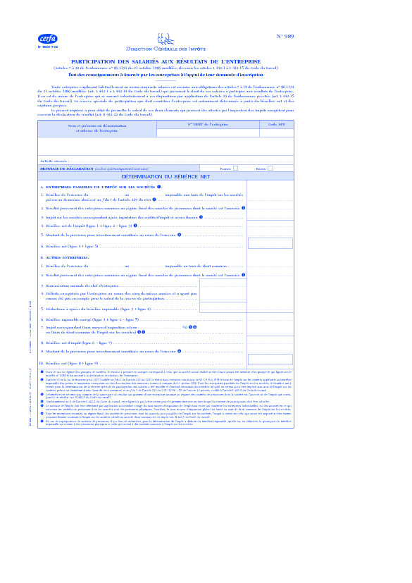 Aperçu Formulaire Cerfa No 10037-09 : Participation des salariés aux résultats de l'entreprise/ état des renseignements à fournir par les entreprises à lappui de leur demande dinscription