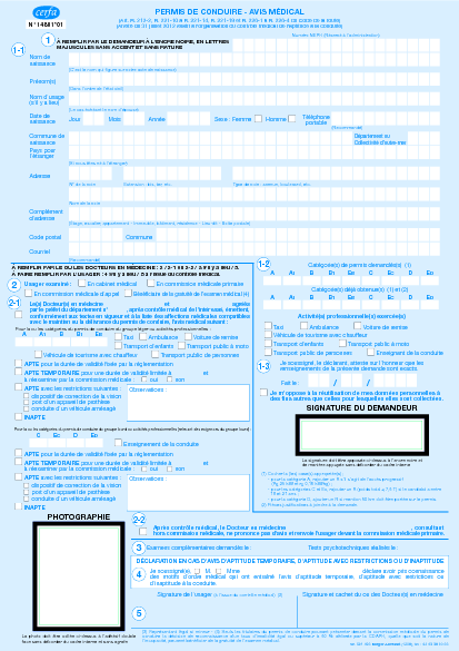 Aperçu Formulaire Cerfa No 14801-01 : Permis de conduire - Avis médical