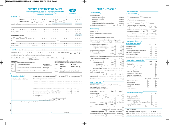 Aperçu Formulaire Cerfa No 12596-02 : Premier certificat de santé