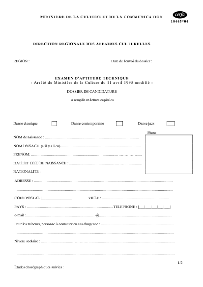 Aperçu Formulaire Cerfa No 10445-04 : Préparation au diplôme d'Etat de professeur de danse : examen d'aptitude technique