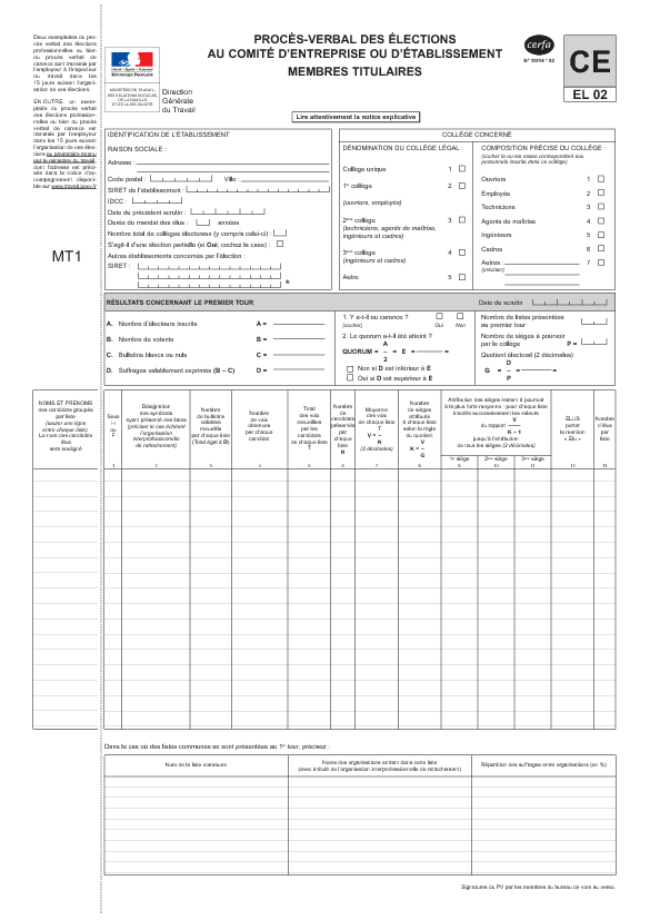 Aperçu Formulaire Cerfa No 15822-02 : Procès-verbal des élections au comité d'entreprise ou d'établissement (membres titulaires)