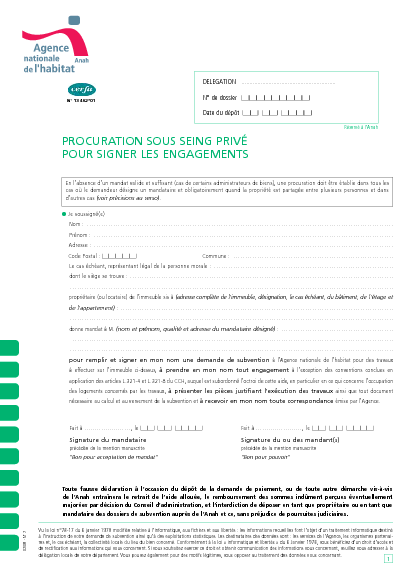 Aperçu Formulaire Cerfa No 13462-01 : Procuration sous seing privé pour signer les engagements relatif à une demande de subvention de l'ANAH pour réaliser des travaux