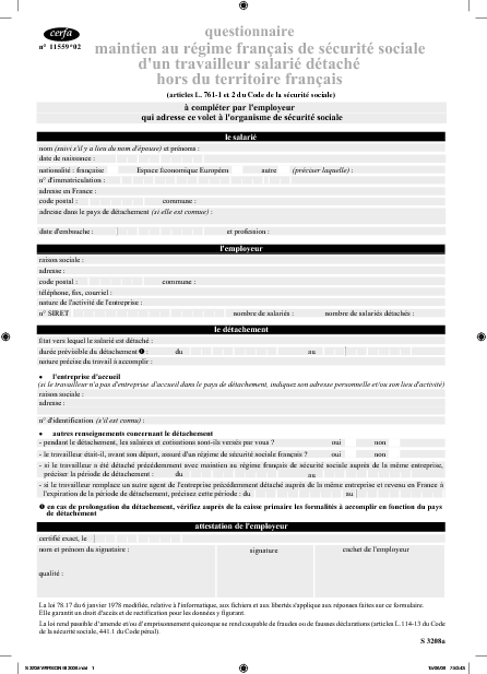 Aperçu Formulaire Cerfa No 11559-02 : Questionnaire de maintien au régime français de sécurité sociale d'un travailleur salarié détaché