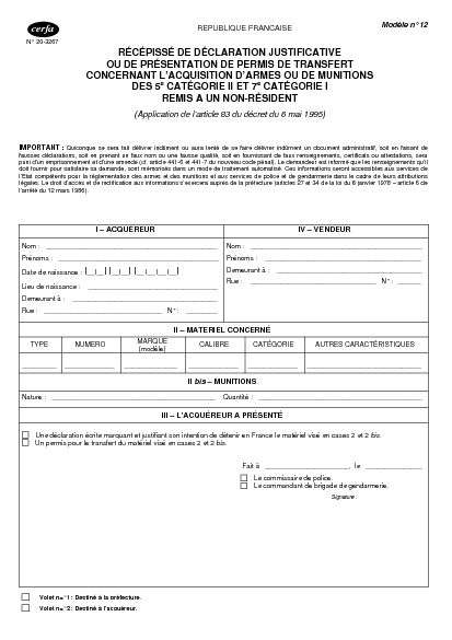 Aperçu Formulaire Cerfa No 20-3267 : Récépissé de déclaration justificative ou de présentation de permis de transfert concernant l'acquisition d'armes ou de munitions des 5e catégorie II et 7e catégorie I remis à un non-résident